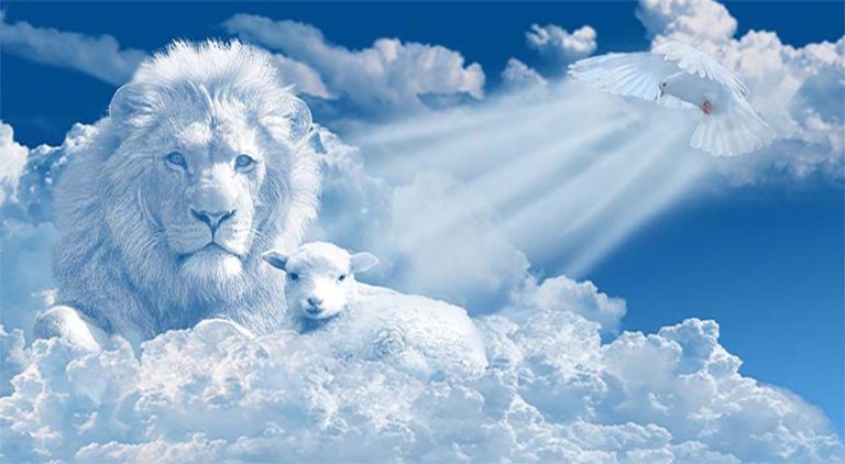 The Lion and The Lamb Lay upon the clouds with the Holy Spirit represented as a landing dove with the beams of His Prayers illuminated the Lion and the Lamb.